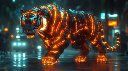 Cybernetic Tiger in City Street 3D Illustration