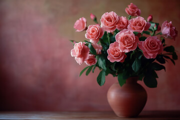 Fototapeta premium Vase with delicate roses against a pink wall