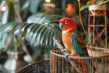 Parrot perched on a decorative bird cage in a home