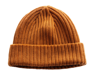 Orange knitted wool winter beanie with ribbed texture and a folded brim. Ideal for keeping warm in cold weather. Isolated on transparent background, png.