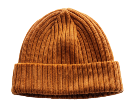 Orange knitted wool winter beanie with ribbed texture and a folded brim. Ideal for keeping warm in cold weather. Isolated on transparent background, png.