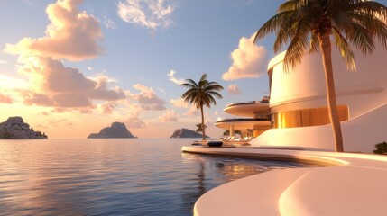 Fototapeta premium Stunning modern villa by the serene ocean, surrounded by lush palm trees and tranquil waters at sunset.