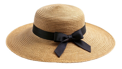 Wide brim straw hat featuring a black ribbon accent. Perfect for sun protection and stylish outdoor wear during warm weather. Isolated on transparent background, png.