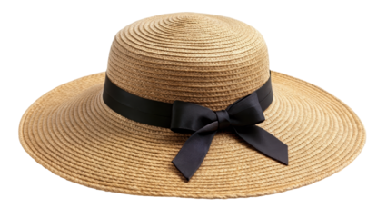 Wide brim straw hat featuring a black ribbon accent. Perfect for sun protection and stylish outdoor wear during warm weather. Isolated on transparent background, png.