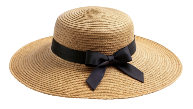 Wide brim straw hat featuring a black ribbon accent. Perfect for sun protection and stylish outdoor wear during warm weather. Isolated on transparent background, png.