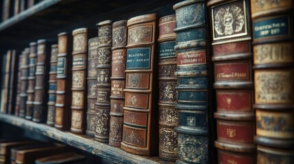 A collection of antique books on a bookshelf, adorned with intricate leather bindings.