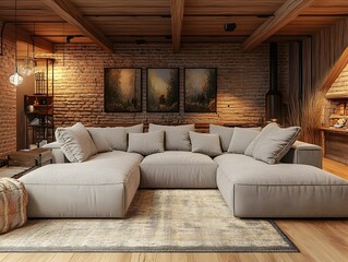 Cozy and Rustic Living Room with Brick Wall and Wooden Furniture  This spacious and open concept living area features a comfortable L shaped sectional sofa wooden shelving and decorative wall art