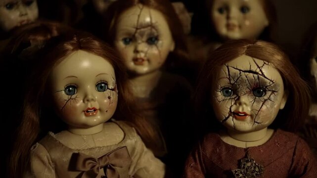 close-up cracked porcelain dolls with haunting expressions creepy and spooky Halloween horror, haunted toys nursery