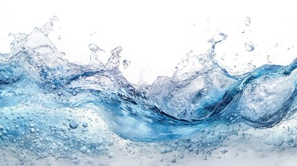 A wave of clear blue water splashes and creates a ripple effect on a white background.