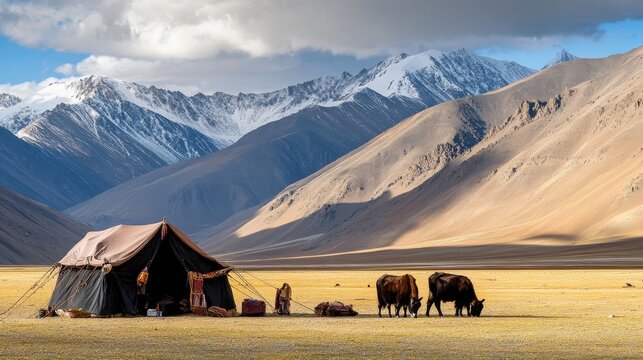 A nomadic family in Ladakh setting up their traditional tent (Rebo) in the vast, open plains, with yaks grazing nearby