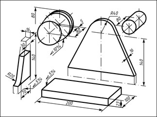 Vector drawing of steel mechanical part with
dimension lines. Engineering computer cad scheme. 
Technical template 
on white sheet of paper. 3d model.