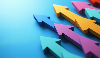Colorful arrows pointing in different directions on a blue background, symbolizing market growth and technological innovation for a business development concept Generative AI