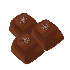 Chocolate cube candies in flat design. Dark cocoa desserts with decoration. Vector illustration isolated.