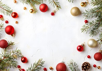 Christmas Frame Border With Pine Branches, Red And Gold Ornaments