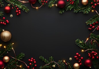 Christmas Garland Border with Lights and Ornaments