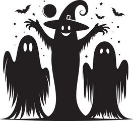 Halloween scary ghosts silhouette collection vector illustration isolated on a white background