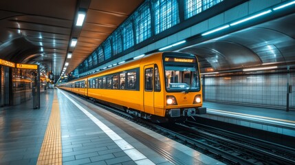Fototapeta premium Subway train at underground railway station. Train railway platform. Urban scene. Metro. Tube.