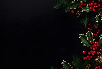 Christmas Garland with Holly, Mistletoe, Pine Cones on Black Background