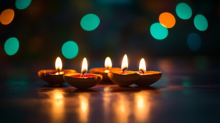 Diwali Lamps Diya with Christmas Lights in dark Night Tihar Dipawali Celebration Hindu Festival