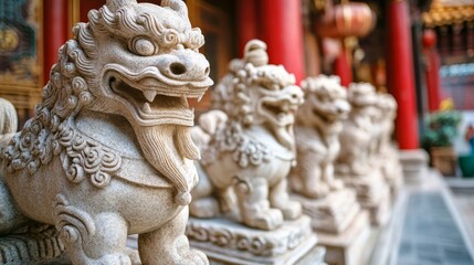 Fototapeta premium A detailed view of a Chinese zodiac sculpture in a temple courtyard, with each animal carefully carved in stone,