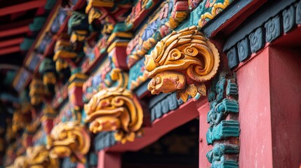 Obraz premium A detailed view of the intricate carvings and decorations on the walls of a Tibetan temple, showcasing the artistry of the region