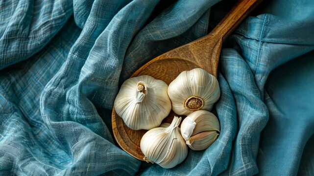 Exploring the culinary uses of fresh garlic on a wooden spoon with a textured blue fabric backdrop
