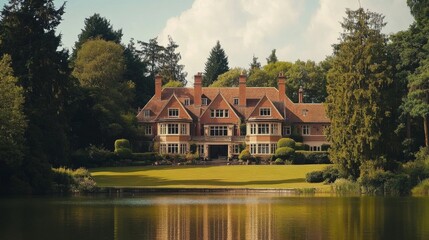 Obraz premium A grand English manor house set against a backdrop of sprawling gardens and a serene lake,