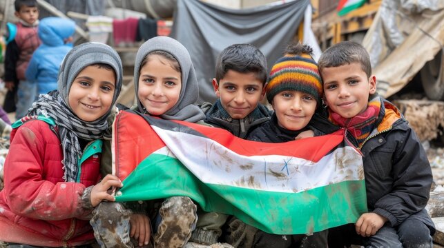 Children holding palestine flag  a symbol of patriotism, freedom, and hope for growth