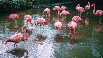 A Flock of Pink Flamingos in a Pond