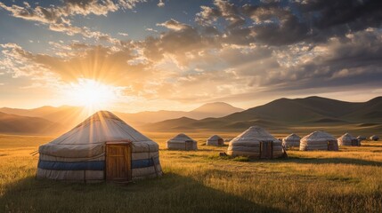 A peaceful morning in a Mongolian nomadic camp, with the first rays of sunlight touching the yurts,