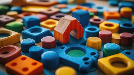 Naklejka premium A colorful, wooden play mat with various shapes and textures, encouraging sensory play.