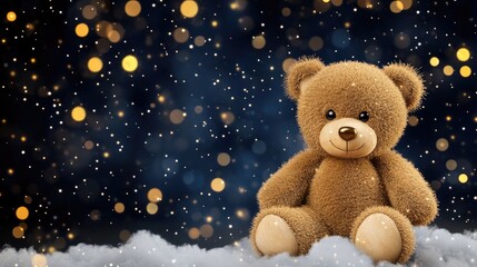 A cheerful teddy bear in pajamas sitting on a crescent moon among fluffy clouds and twinkling stars in a whimsical night sky