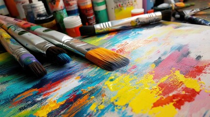 Fototapeta premium canvas with abstract brushstrokes, paint tubes, and brushes scattered on a table