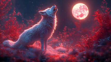 White Wolf Howling at Red Moon Digital Art