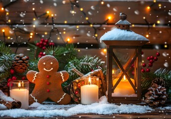Christmas Gingerbread Man with Lantern & Candles