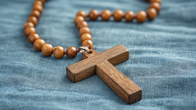 Wooden cross with rosary beads lying on fabric.