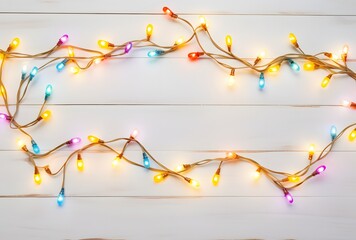 Fototapeta premium Colorful Christmas Lights Frame on White Wooden Background