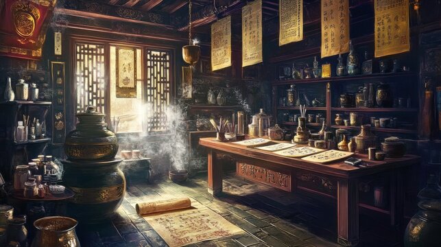 A traditional Chinese alchemist's laboratory, with ancient scrolls, strange ingredients, and mystical symbols,