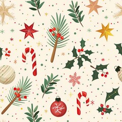 A seamless pattern featuring Christmas elements such as snowflakes, candy canes, ornaments, and holly leaves