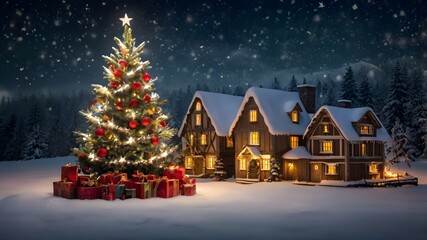 Christmas tree outdoor cozy houses, winter holiday night snowfall, December festive evening scene