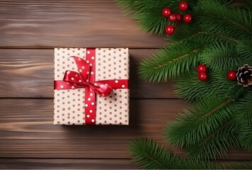 Fototapeta premium Christmas Gift Box with Polka Dot Wrap and Pine Branches