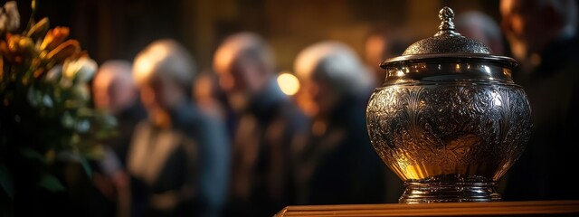 Urn funeral burial death service ceremony flower cemetery family people. Background funeral urn arrangement burial concept funerary mortician dead church room floral religion remains memorial mass sad