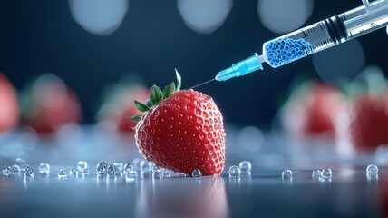 Strawberry with syringe, representing genetically modified food concept.