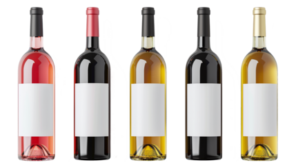Set of wine bottles with mockup labels on transparent background PNG