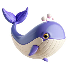 Obraz premium 3D rendering of a cute cartoon model of a purple and white whale with a happy expression and playful splashes of water from its hole.