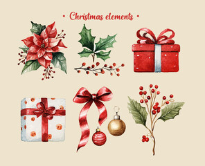 Collection of watercolor holiday elements clip art, poinsettia, gifts, and pine branches. Isolated on white background vector illustration set.