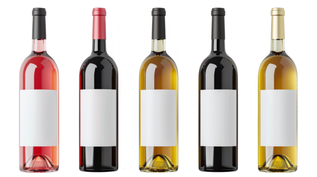 Set of wine bottles with mockup labels on transparent background PNG