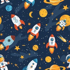 A seamless pattern with planets, stars, rockets, and astronauts in a dark blue background