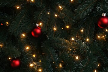 Above view on pine tree branches with Christmas fairy lights and red baubles