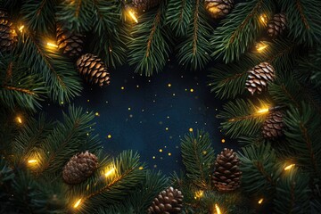Above view on pine tree branches with Christmas fairy lights and cones
